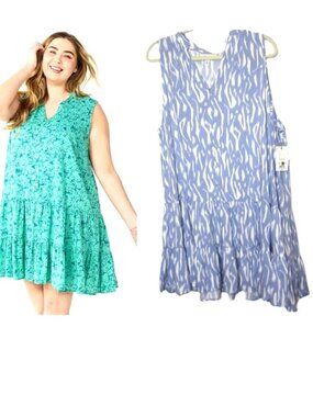 Nine West NEW Size XXL 2XL Purple White Swing Dress Tiered Sleeveless Ikat NWT